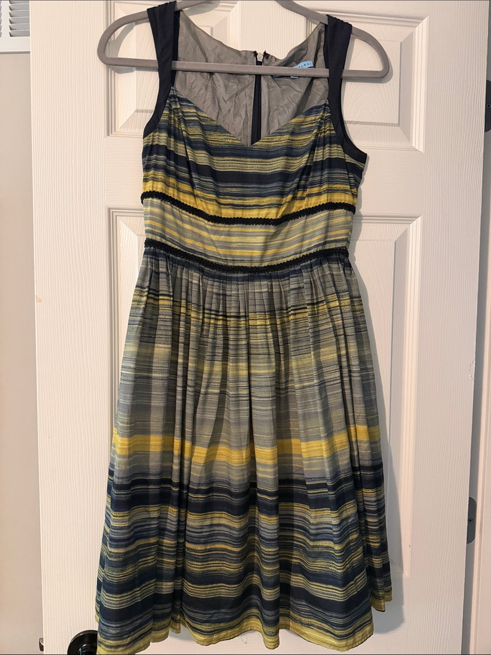 ANTONIO MELANI Striped Fit-and-Flare Dress in Yellow and Gray